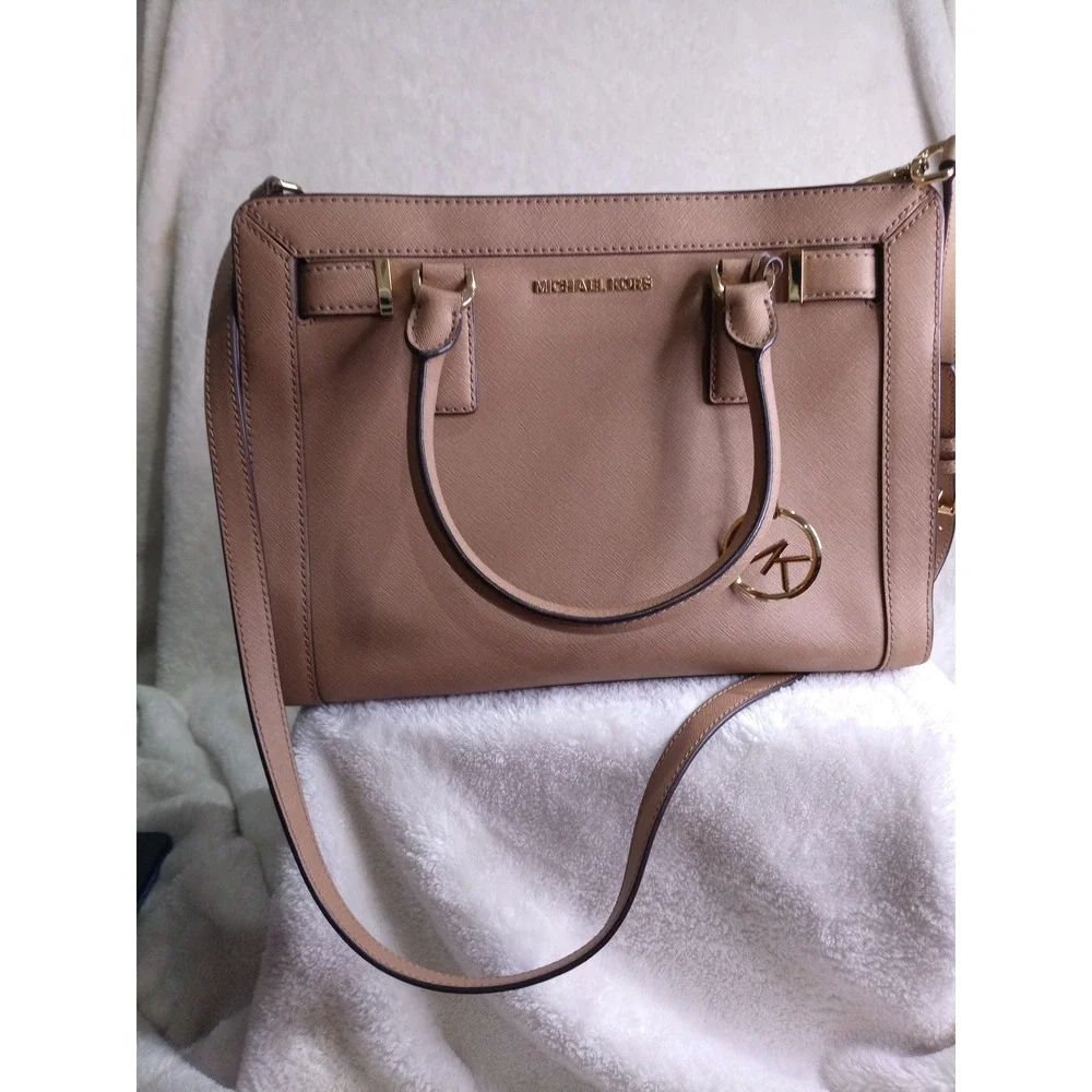 Michael Kors Dillon Saffiano Leather Satchel Crossbody Bag Tan Gold Hardware